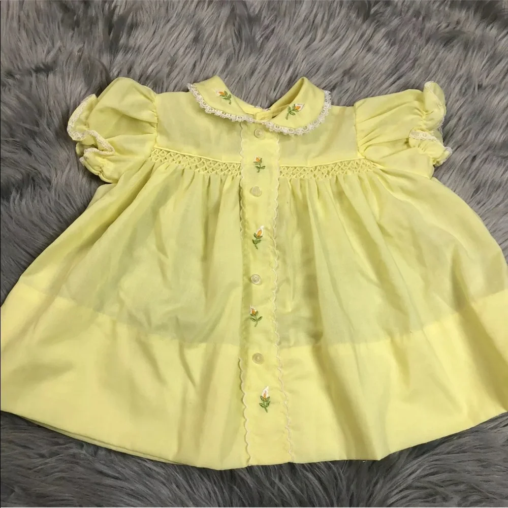 Vintage Baby Girls Yellow Smocked Floral Ruffle Dress